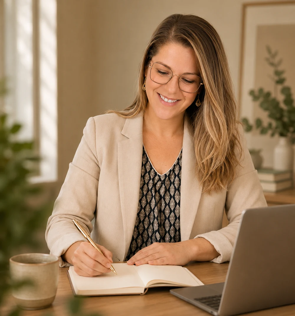 Julie Epis prenant des notes a son bureau